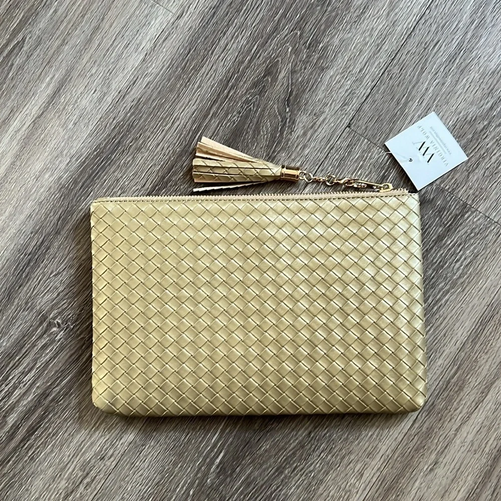 Virginia Wolf Mimi Vegan Leather Woven Metallic Pouch with Tassel in Gold
